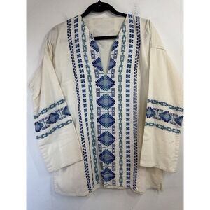 Vintage Tan Tunic Blue Aztec Embroidery NO Size TAG Boho Hippie Western Festive